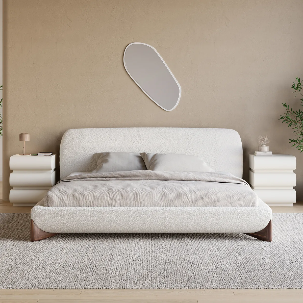 Modern White Boucle Platform Bed King Size Bed Frame & 2-Drawer Smart Boucle Nightstand — image 20
