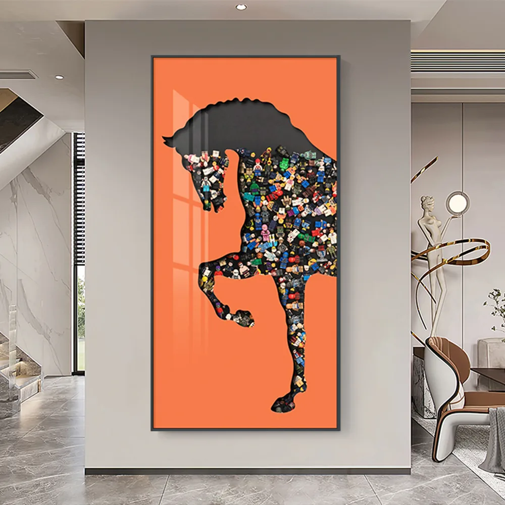 39.4" Rectangle Horse Building Blocks Wall Art Decor with Aluminum Frame Living Room — image 2