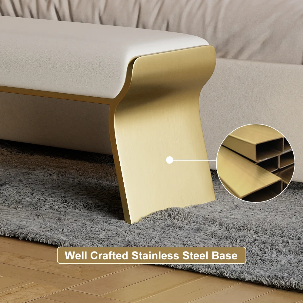 Beige Modern Stainless Steel Bench Leath-Aire Upholstered Bedroom — image 9