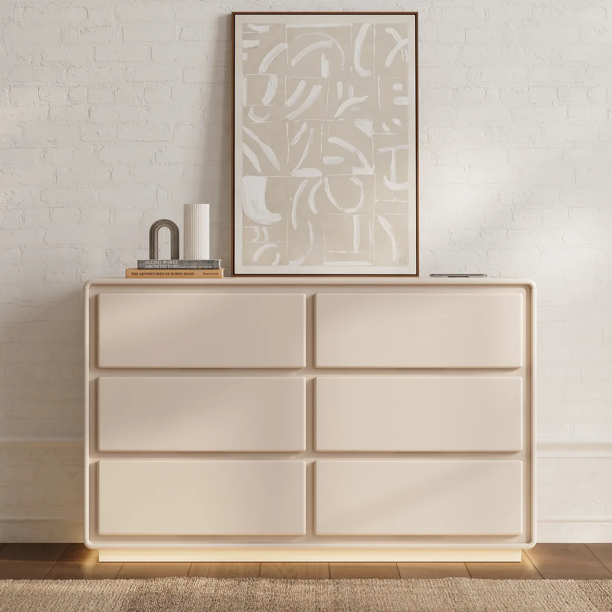 Haloa Modern 47" 6-Drawer Matte Warm White Dresser with Light and Charging Station — image 5