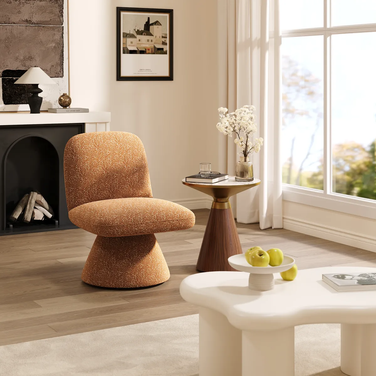 18" Modern Orange Boucle Swivel Accent Chair Sculptural L-Shaped Slipper Lounge Chair — image 15