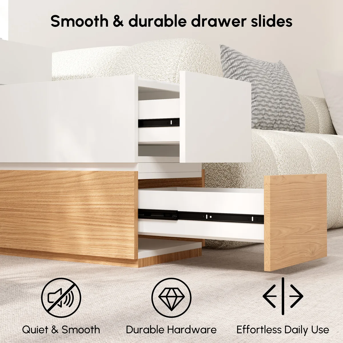 Travertine Stone Top Narrow Smart Side Table with Storage Modern Walnut End Table with USB Charging — image 26