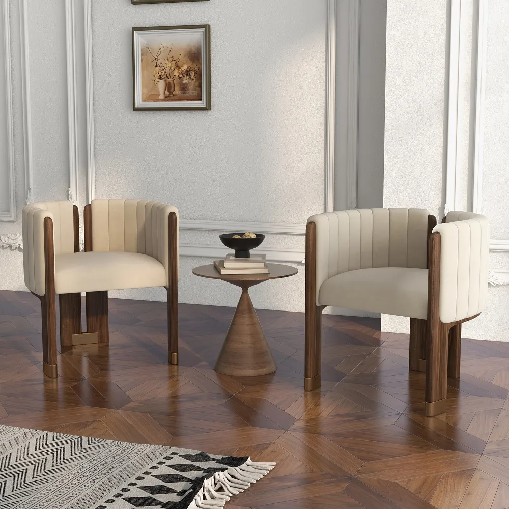Modern Wood Accent Chair Beige Velvet Upholstered Arm Chair — image 20