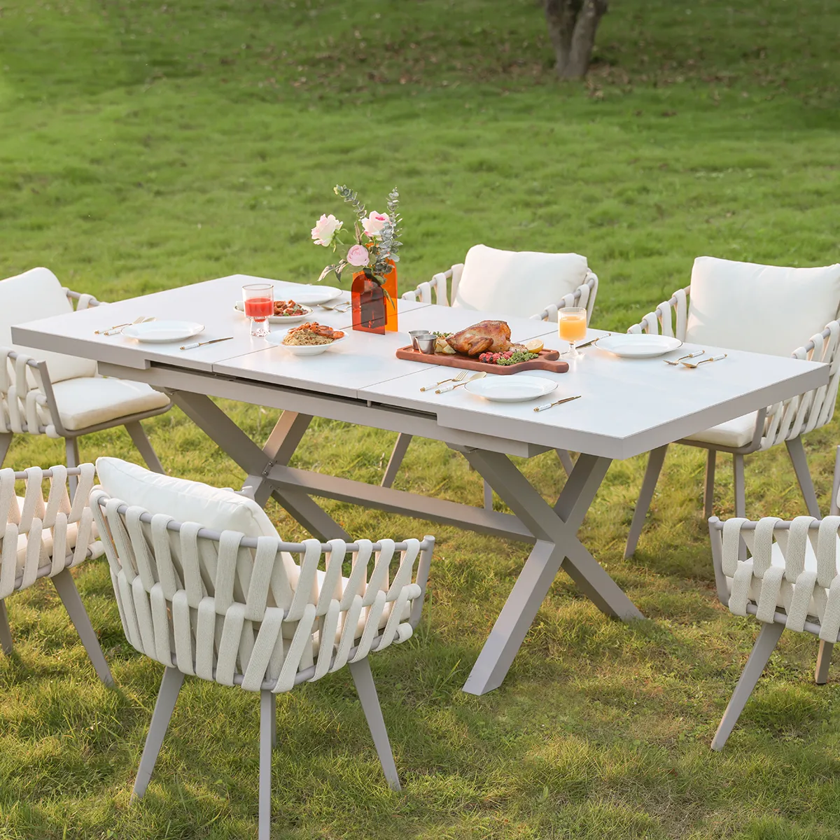 7-Piece Outdoor Extendable Dining Set with 6 Rope Weave Chairs in Gray(64"-84") — image 12