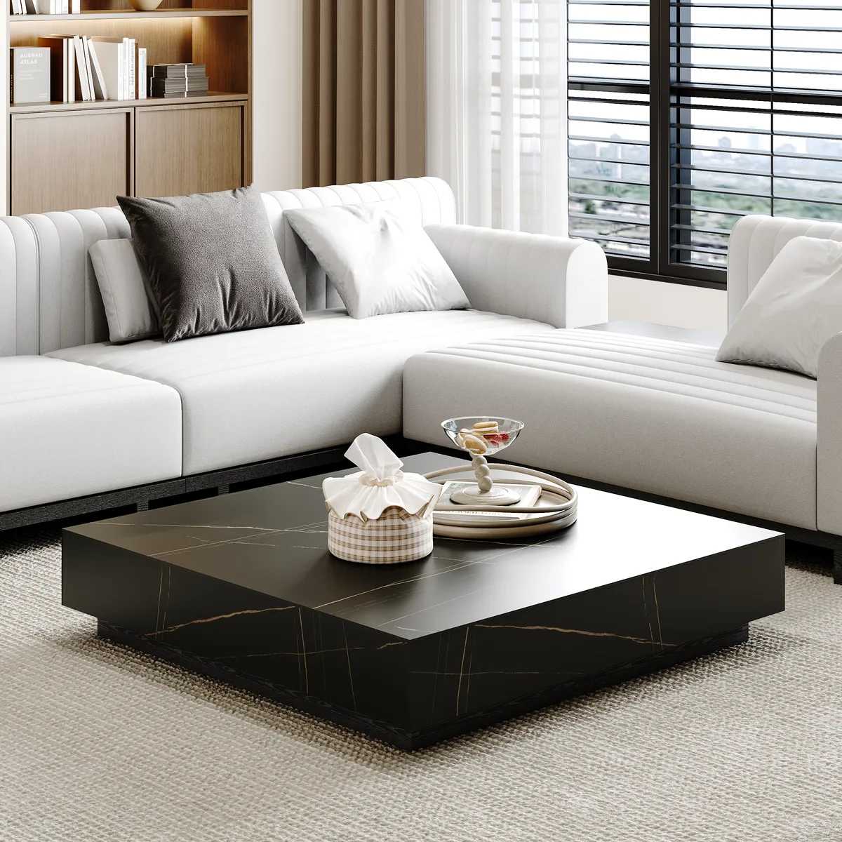87" Modern White Marble Veneer Sintered Stone Electric Fireplace TV Stand with Remote Control Temperature Adjustable Coffee Table Set — image 20