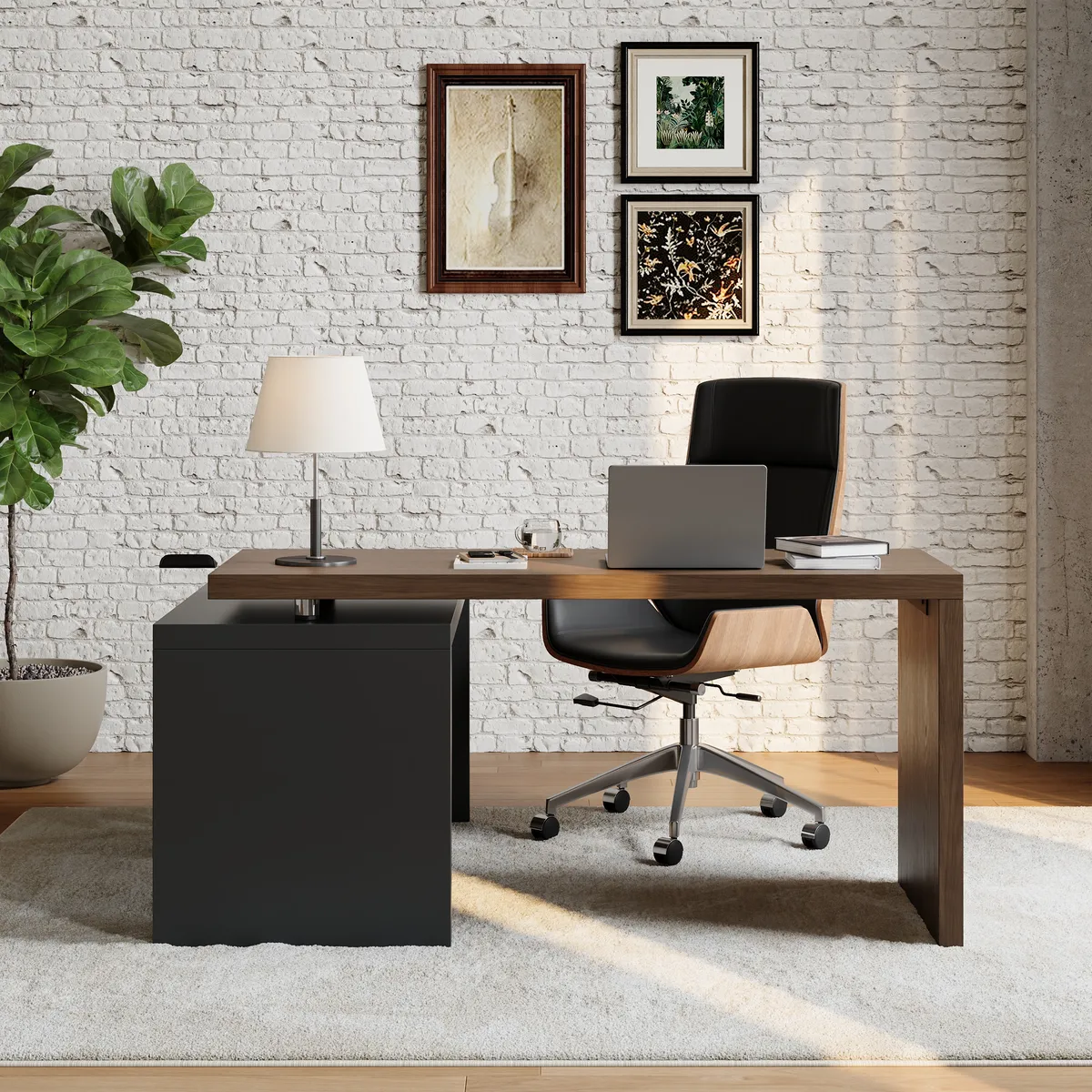 Modern L Shaped Executive Office Desk with with Movable File Cabinet Black & Walnut Swivel Desk Office Furniture (59.8" ) — image 2