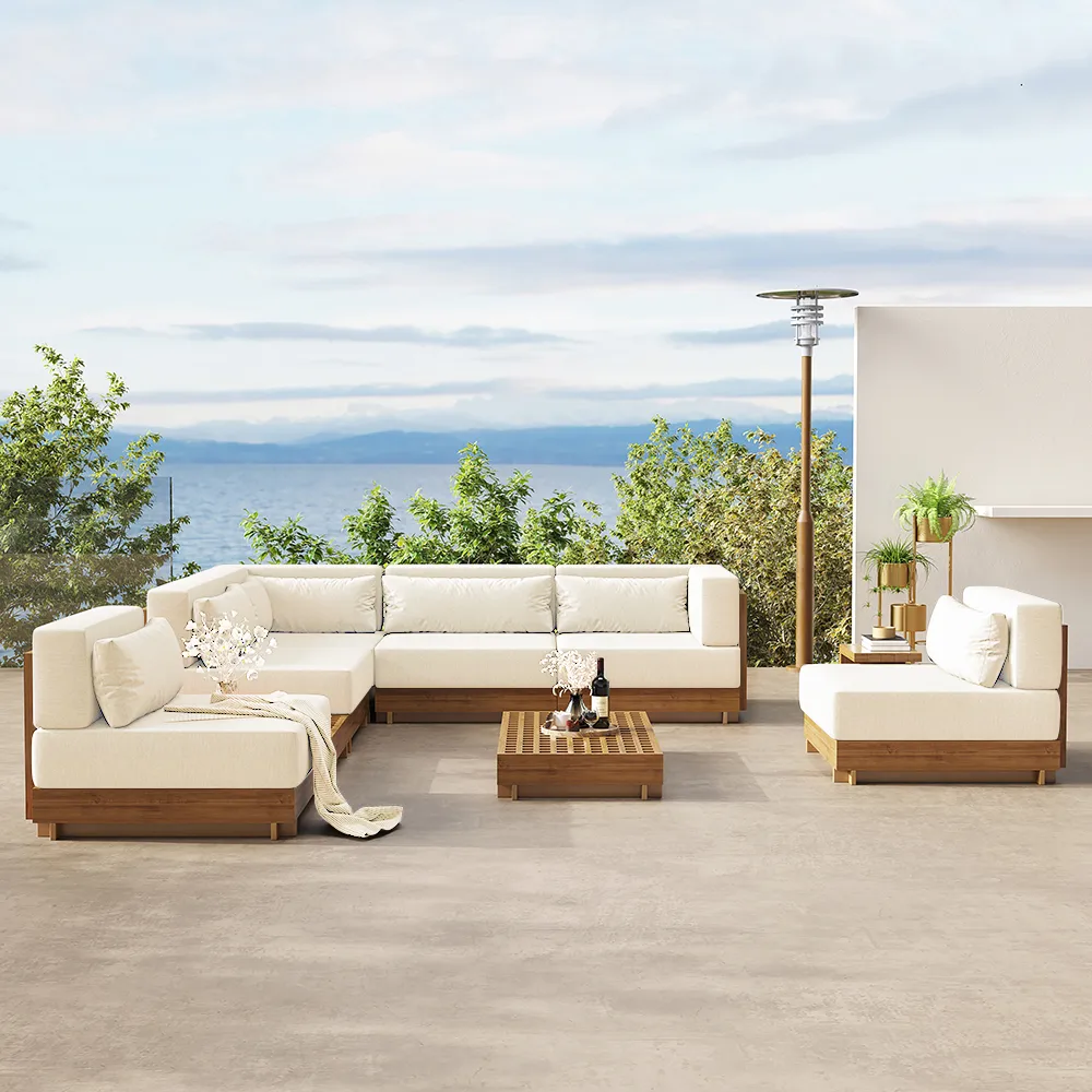 Grida 9-Piece Teak Luxury Modular L-Shaped Outdoor Patio Sectional Sofa Set in Gray with Coffee Table and Cushions — image 3