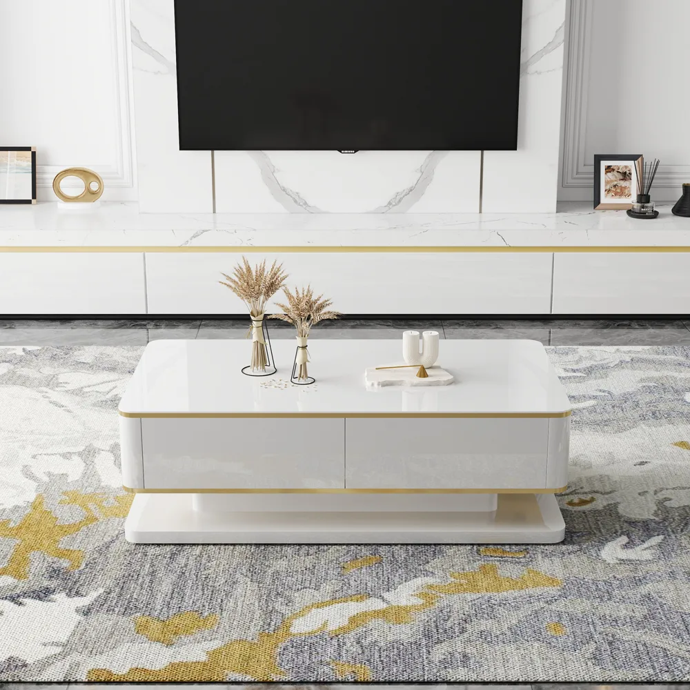 Gapn 51" White Rectangular Coffee Table with Storage 4 Drawers Tempered Glass Top — image 3