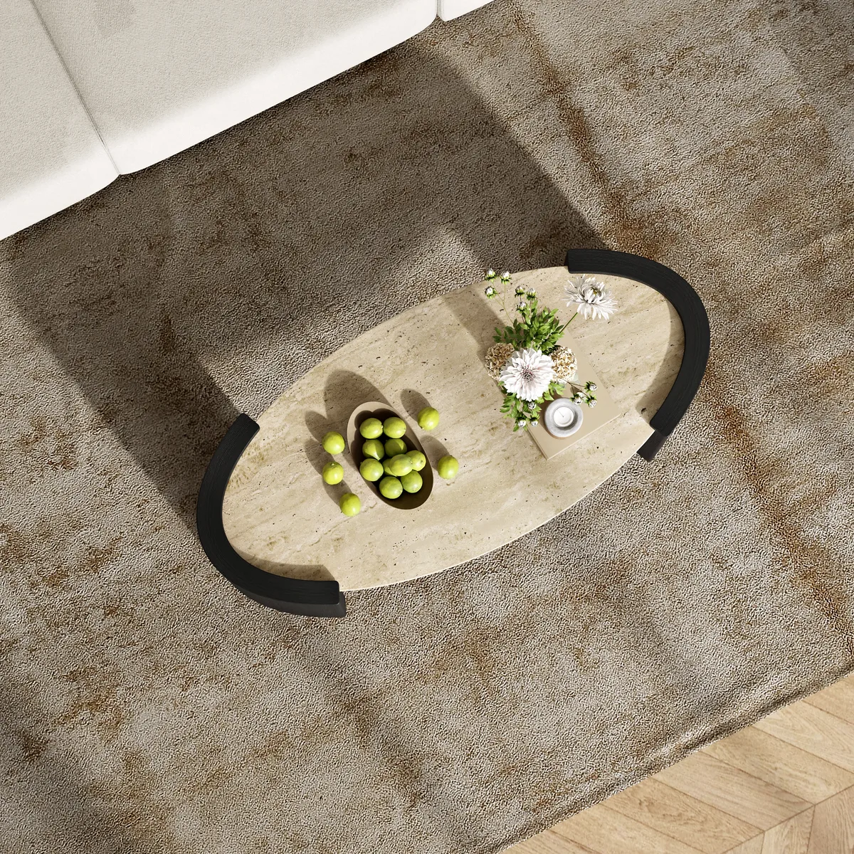 43" Japandi Oval Travertine Stone Top Coffee Table — image 12