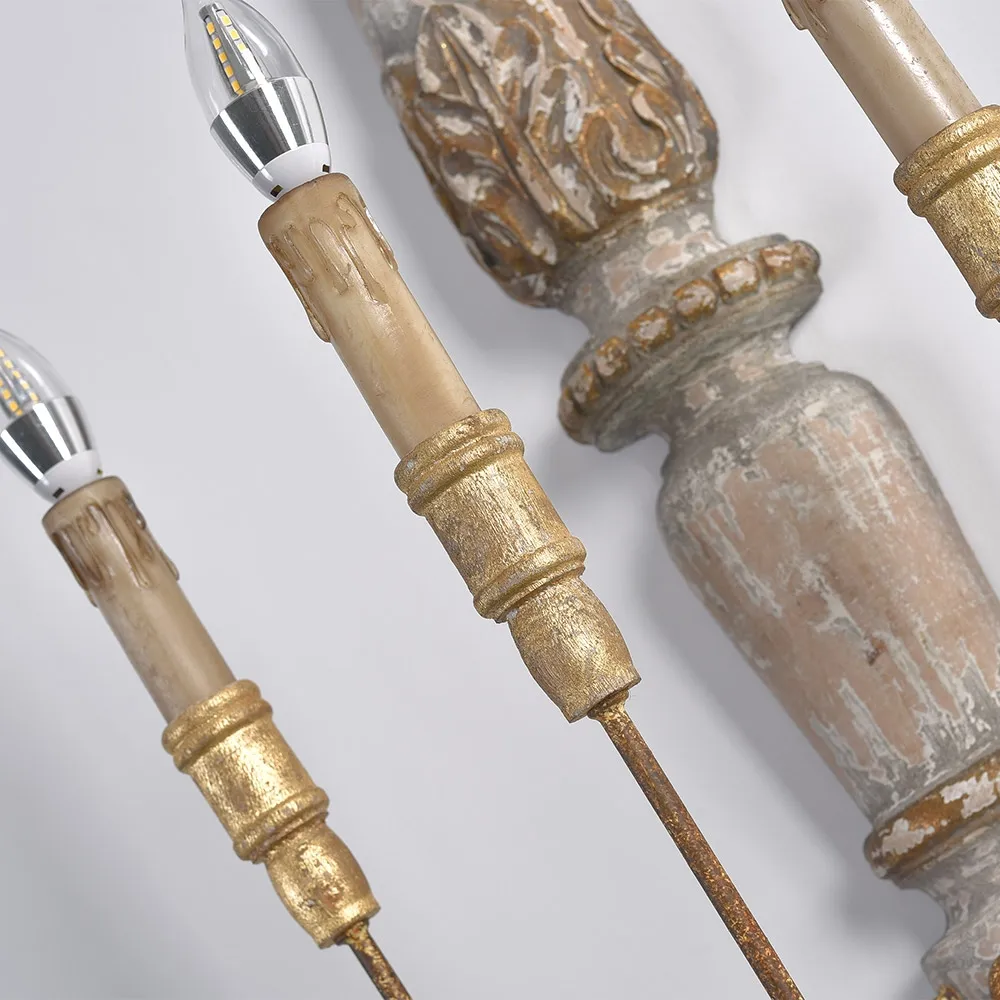 French Country 3-Light Wood Candle Wall Sconce Distressed Carved Design — image 8