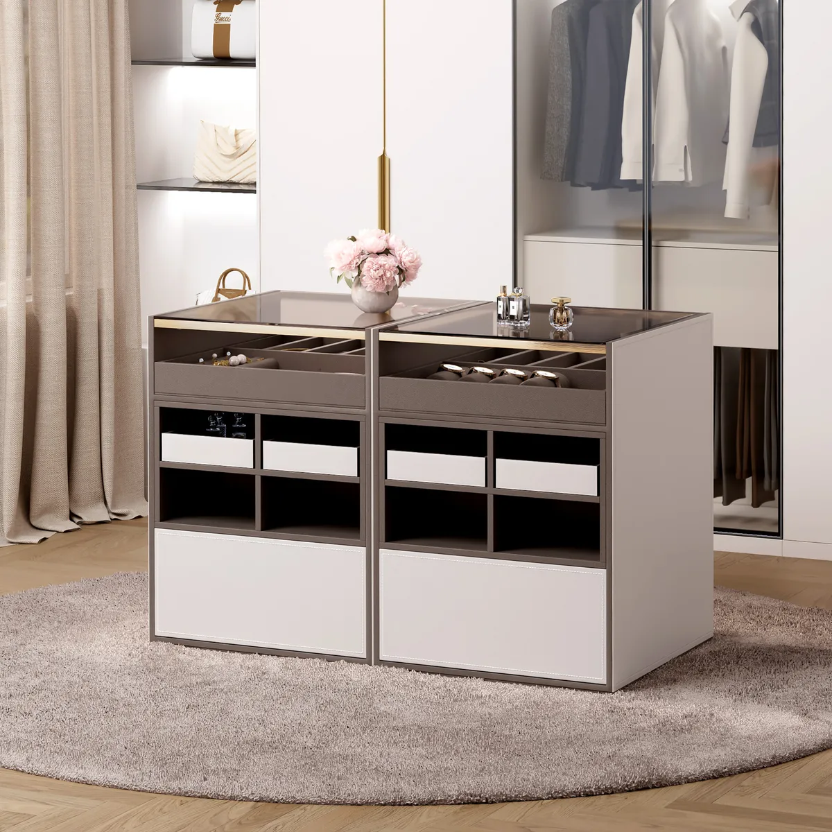 Saddle Leather 7-Dresser Walk-In Closet Island with Light & Jewelry Display — image 7