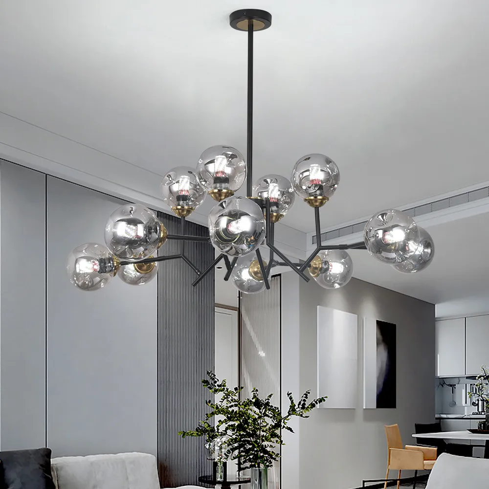 Modern Linear 12-Light Kitchen Island Light Black Chandelier with Globe Glass Shade Pendant Lighting — image 2