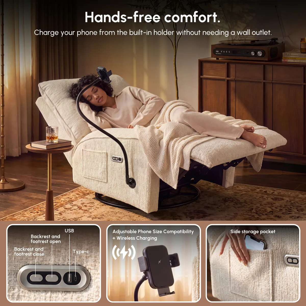 Performance Linen Power Swivel Rocker Recliner Accent Chair with Phone Holder — image 9