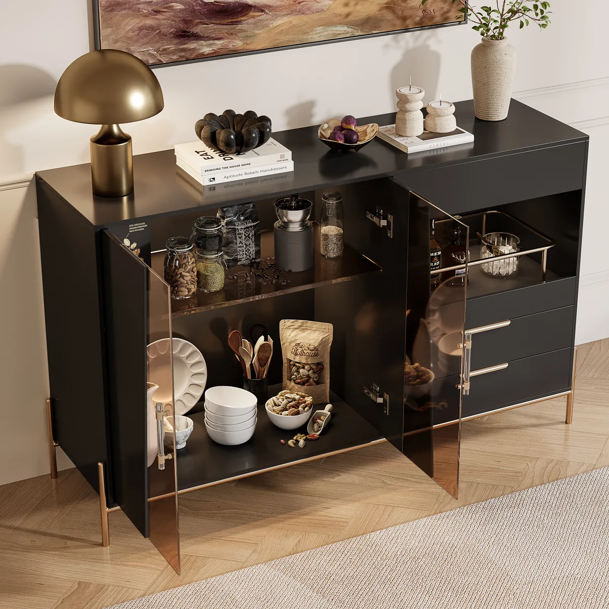 Dolawn Modern 55.1" Black Sideboard Buffet Tempered Glass Doors & Shelf Tray Wine Rack — image 5