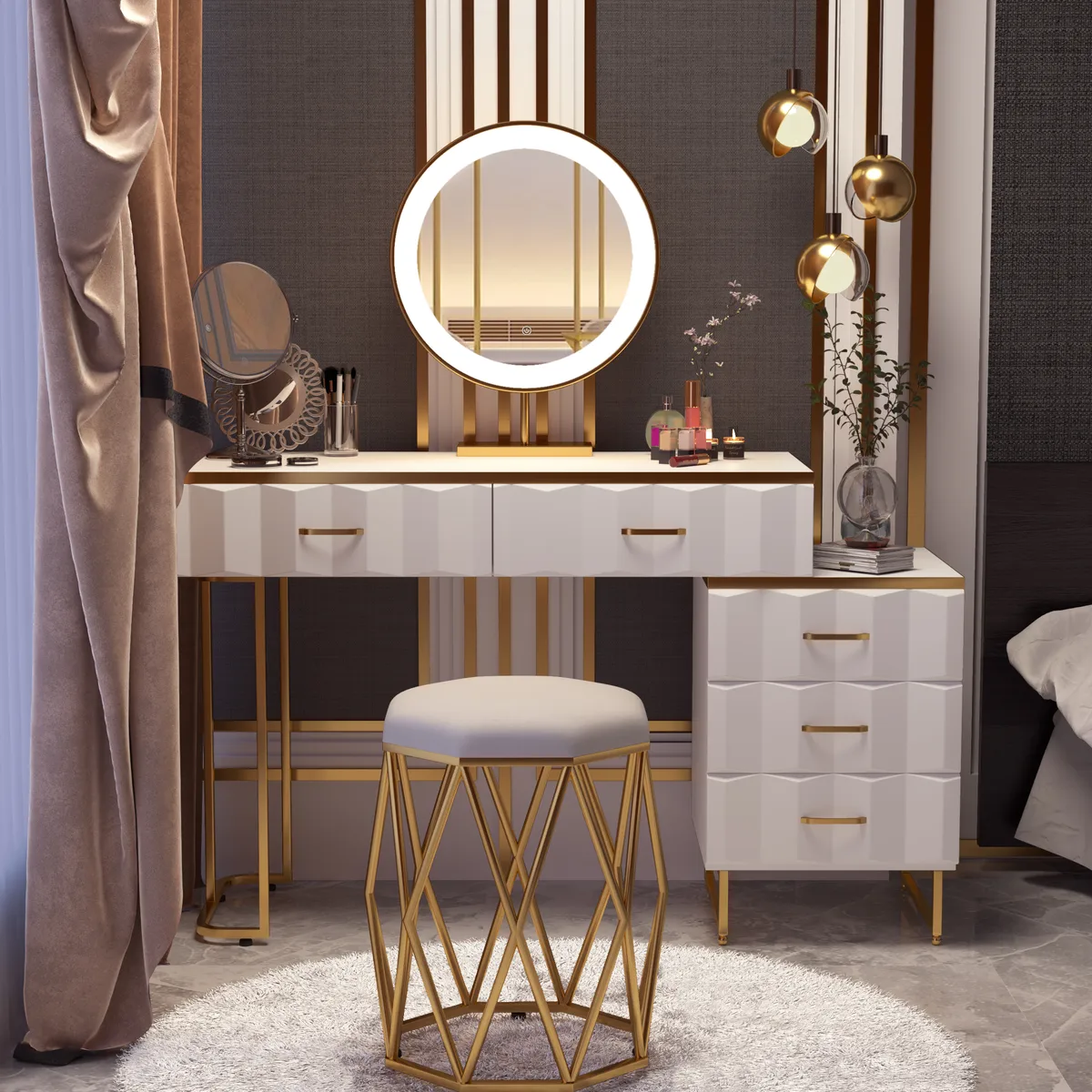 Modern White Extendable Makeup Vanity 5 Drawers Dressing Table Set with Stool and Mirror — image 12