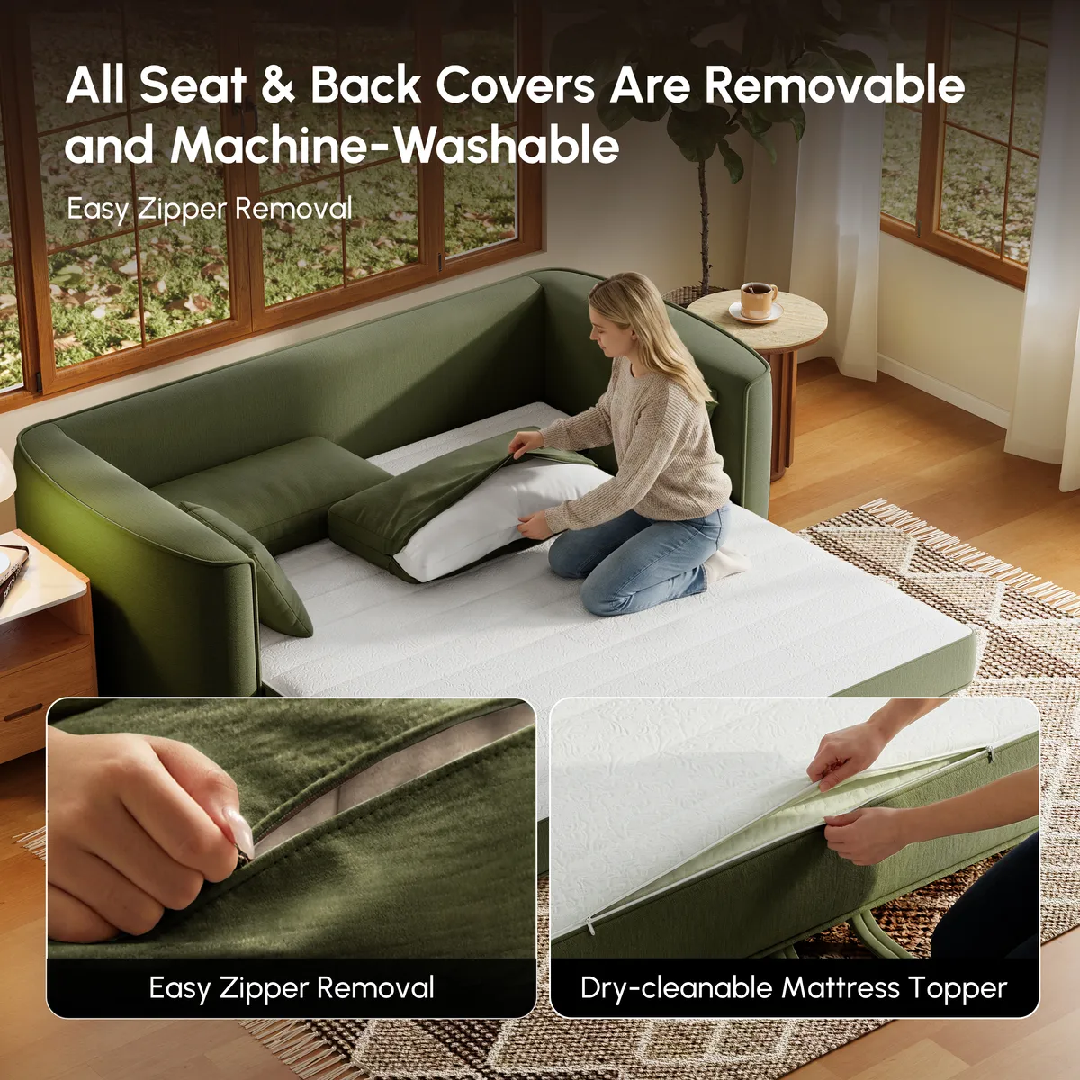 80" Queen 3-Seater Chenille Fold-Down Sleeper Sofa with Removable Cover — image 6