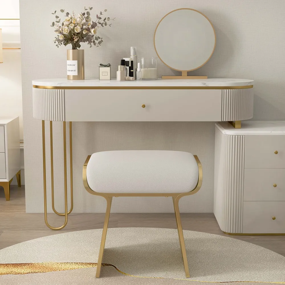 Modern Beige Backless Vanity Stool Leath-aire Upholstery & Gold Stainless Steel Frame — image 7