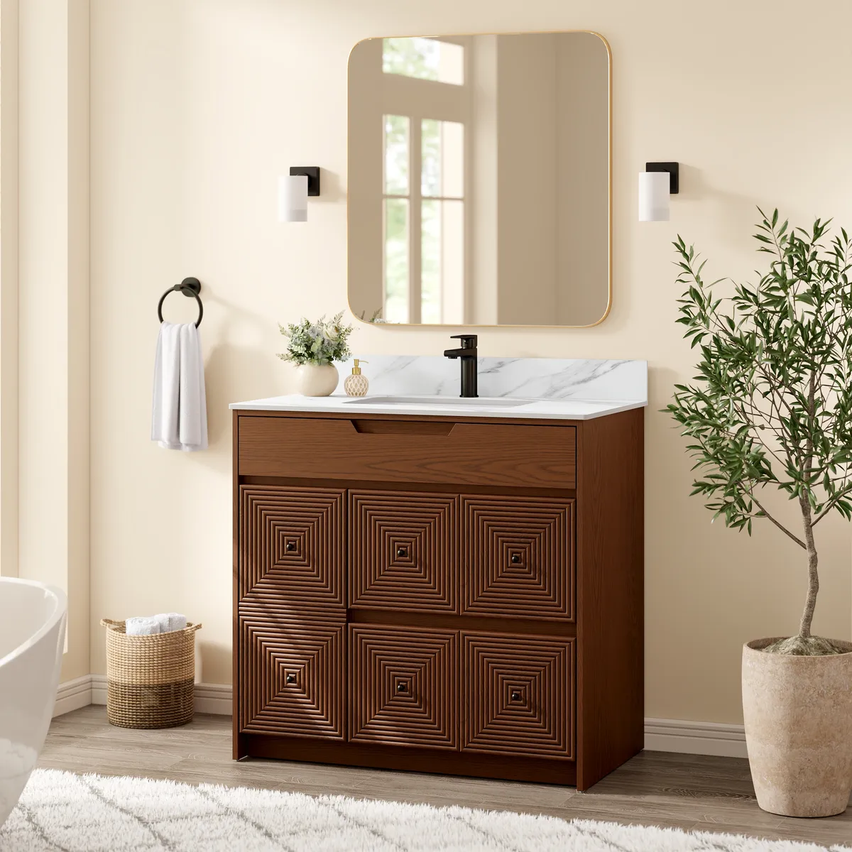 36" Walnut Single Bathroom Vanity with Sink and Sintered Stone Top — image 5