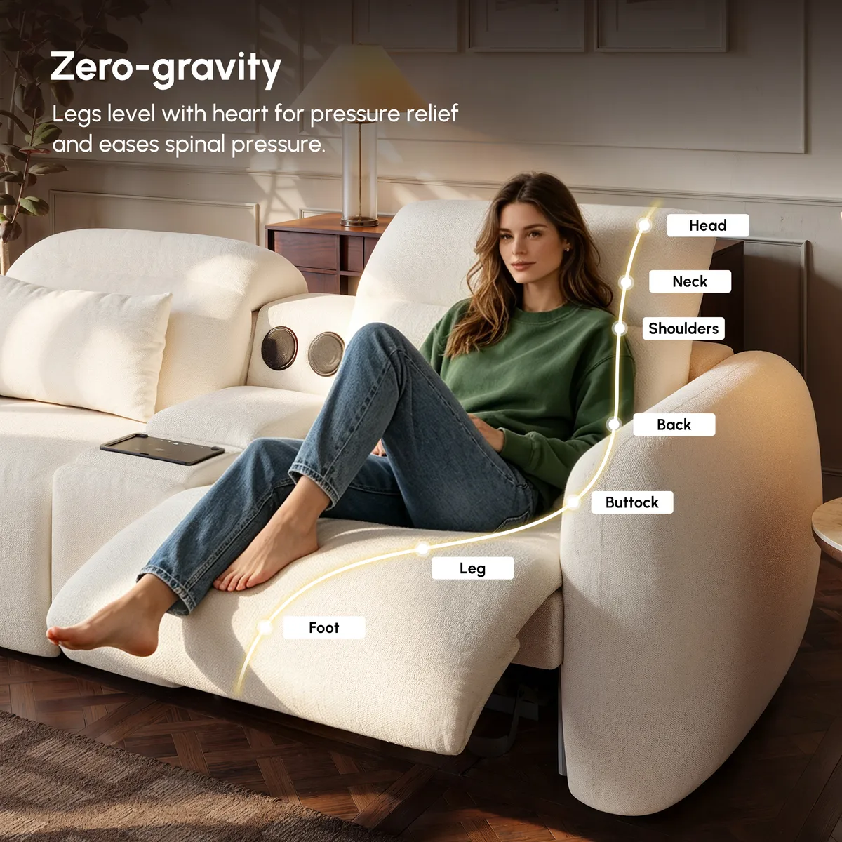 Homary Modern 123" 3-Seater Chenille Zero Gravity Power Reclining Sofa with USB Port in Warm — image 9