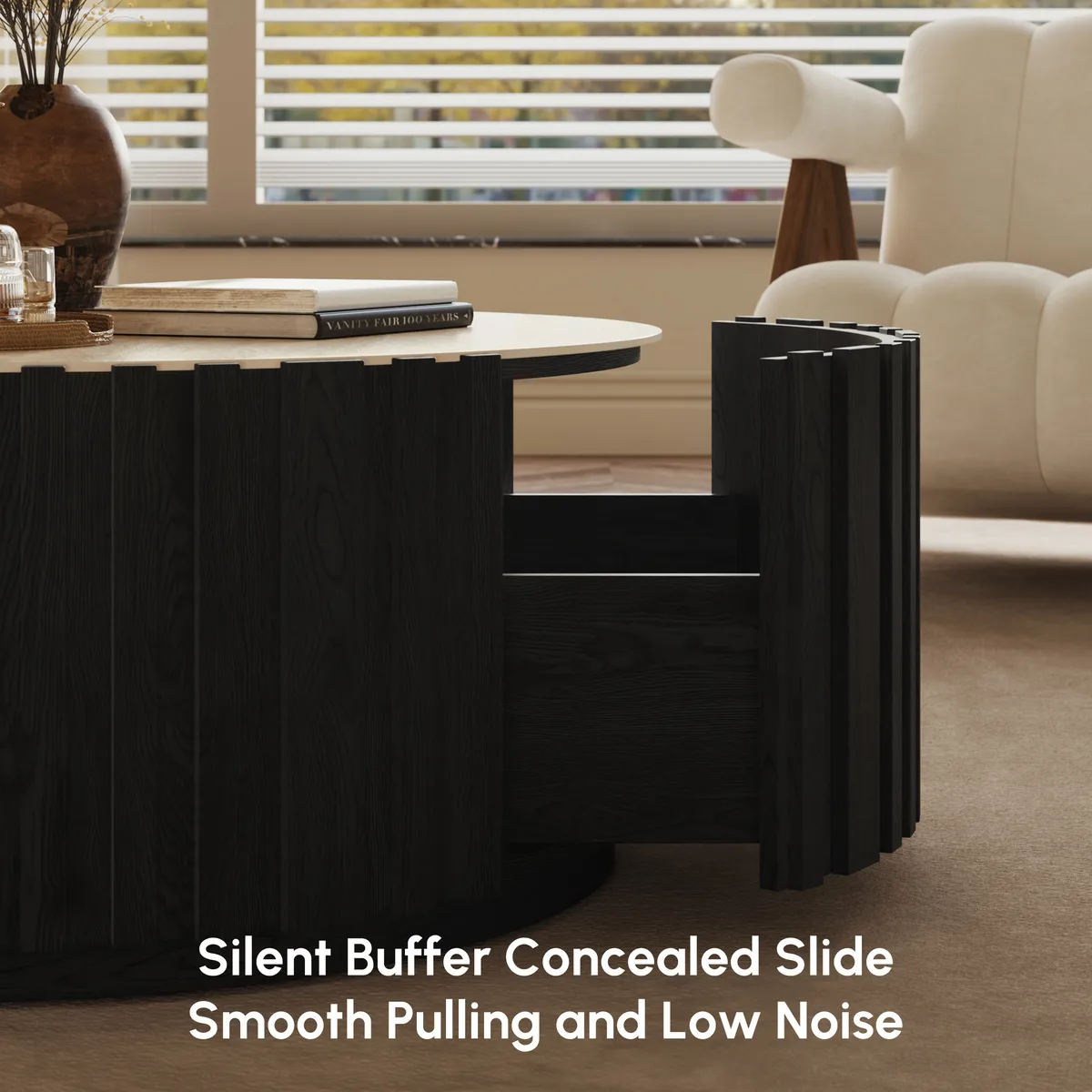 Aura 35" Ash Wood Slatted Round Coffee Table with Sintered Stone Top — image 9