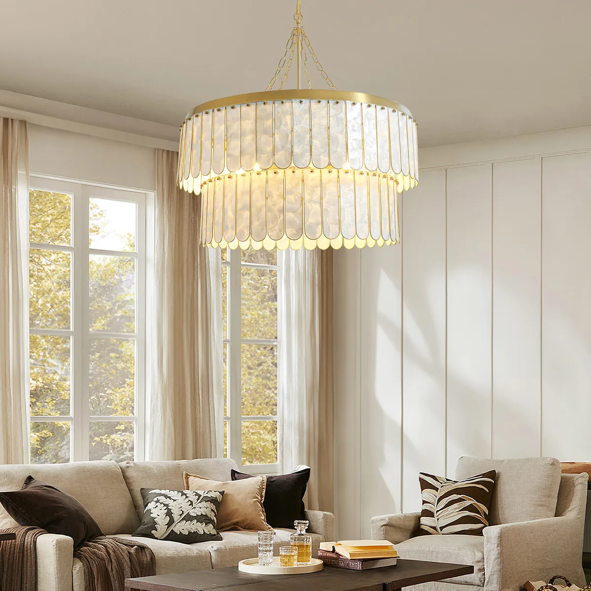 Enseo Coastal 8-Light Capiz Shell 2 Tiered Faceted Chandelier Pendant Light — image 12
