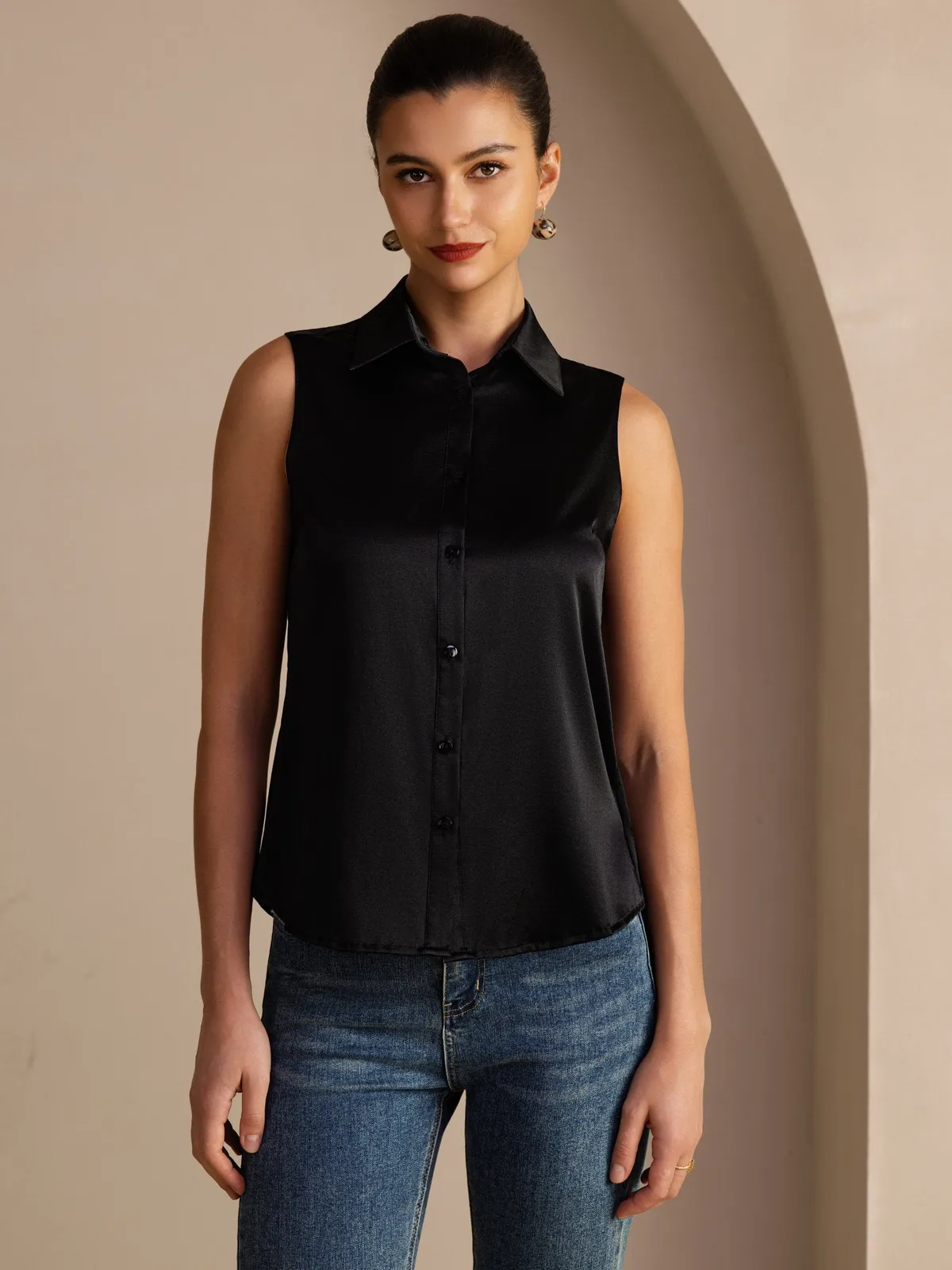 19Momme Silk Sleeveless Lapel Collar Women's Shirt with Button Up Design — image 3