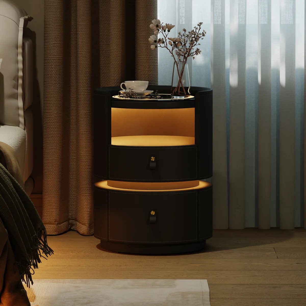 Modern Saddle Leather Smart LED Nightstand — image 3
