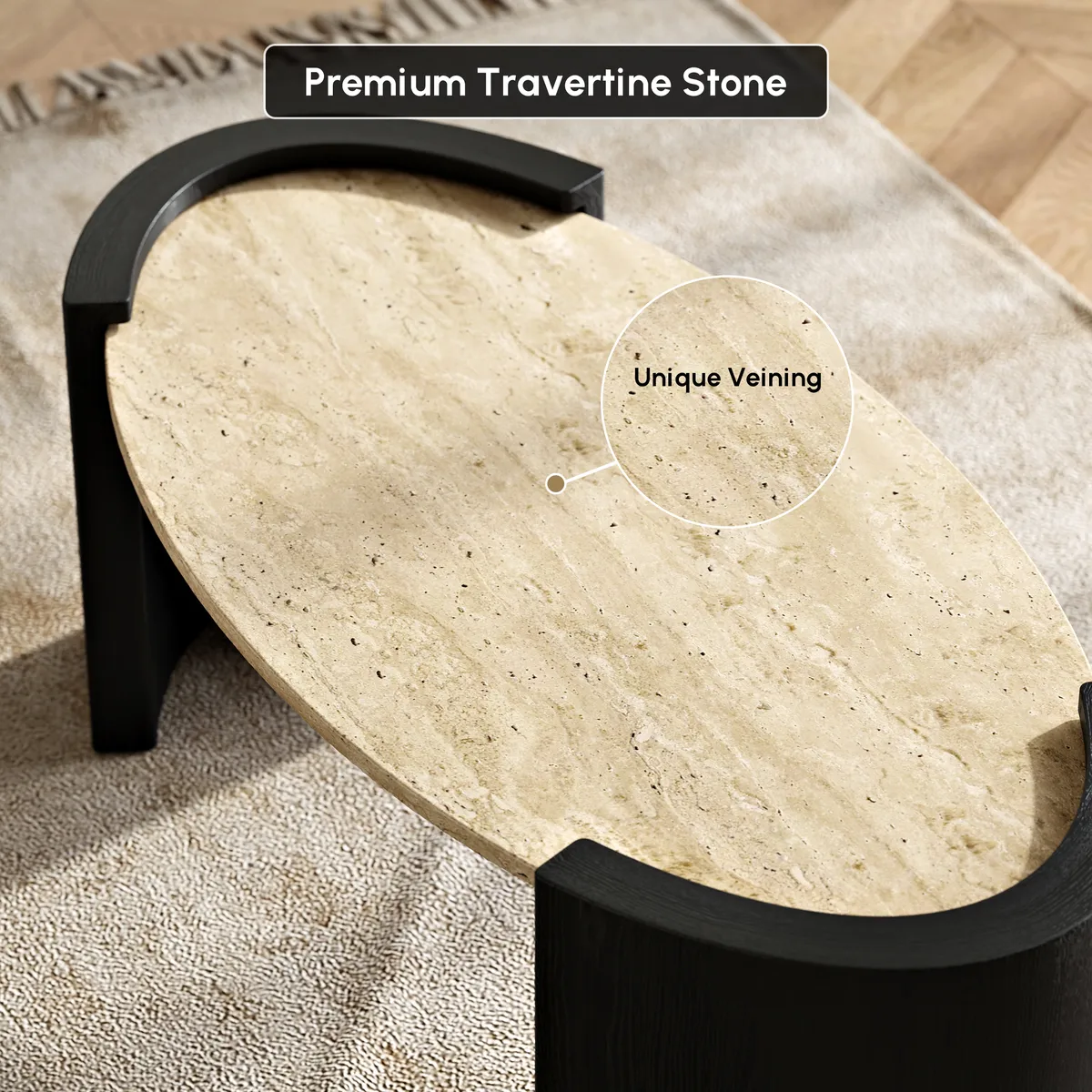 43" Japandi Oval Travertine Stone Top Coffee Table — image 17