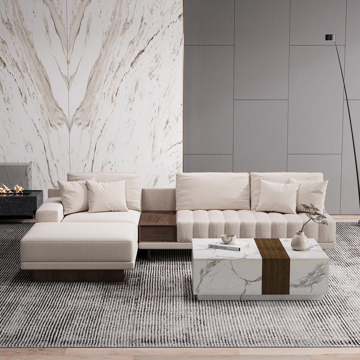 Modern Living Room Couch Set Fabric L-Shaped White Modular Sectional Sofa & Wood Block Coffee Table — image 17