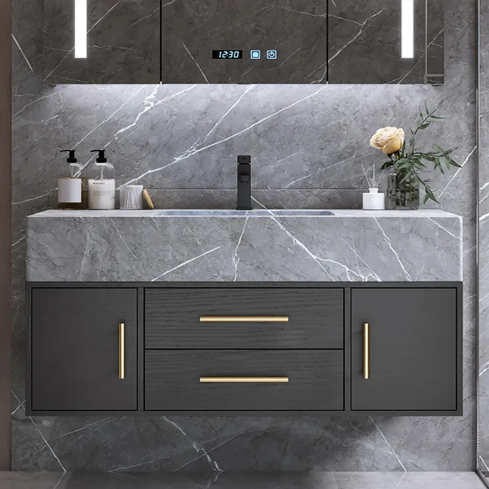 59" Double Sink Bathroom Vanity with Gold Handles – Walnut Modern Floating Vanity — image 22