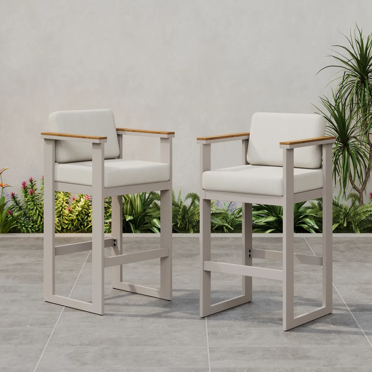 Tevara Outdoor Aluminum Frame & Teak Wood Armrest Bar Stools — image 13