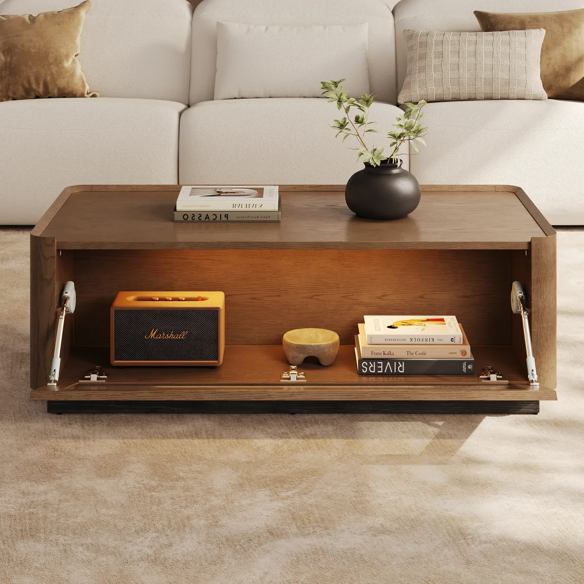 47" Glass Door Walnut Coffee Table with Storage and LED — image 4