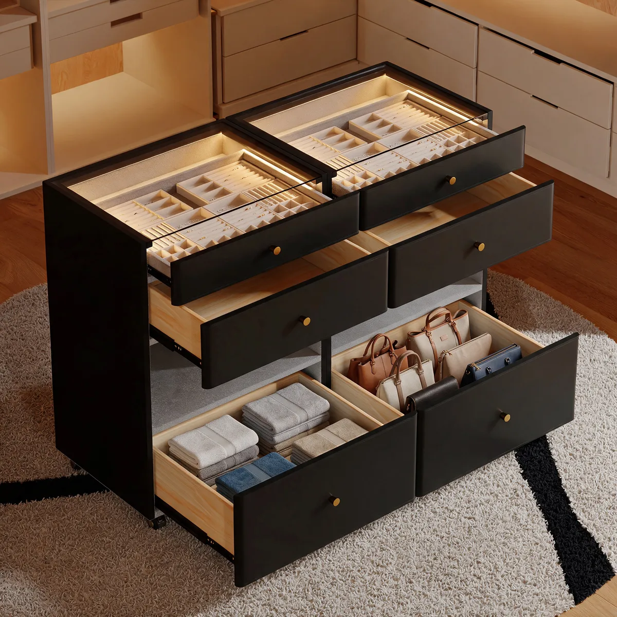 Walk-In Closet Island Jewelry Dresser with Glass Top & Light — image 6