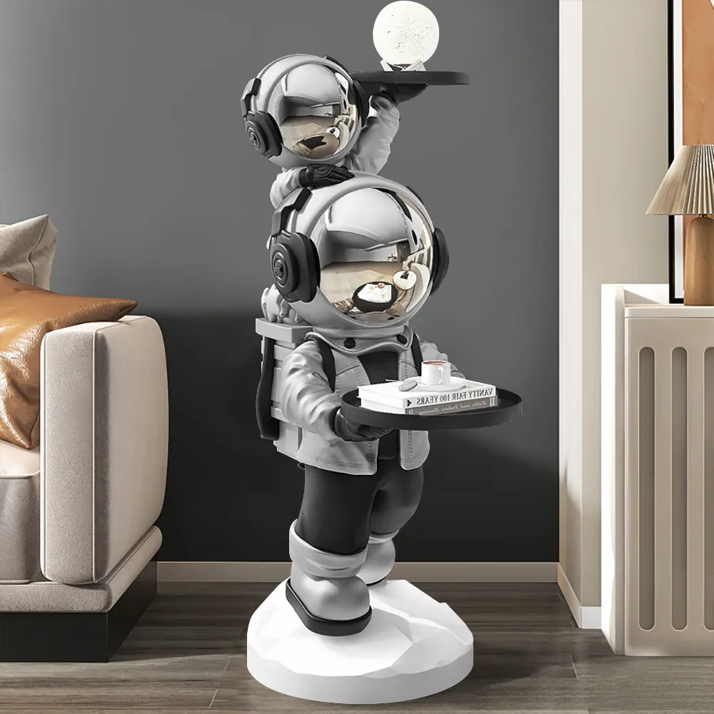 Silver Astronaut Side Table Floor Sculpture Modern End Table with Tray Top — image 10
