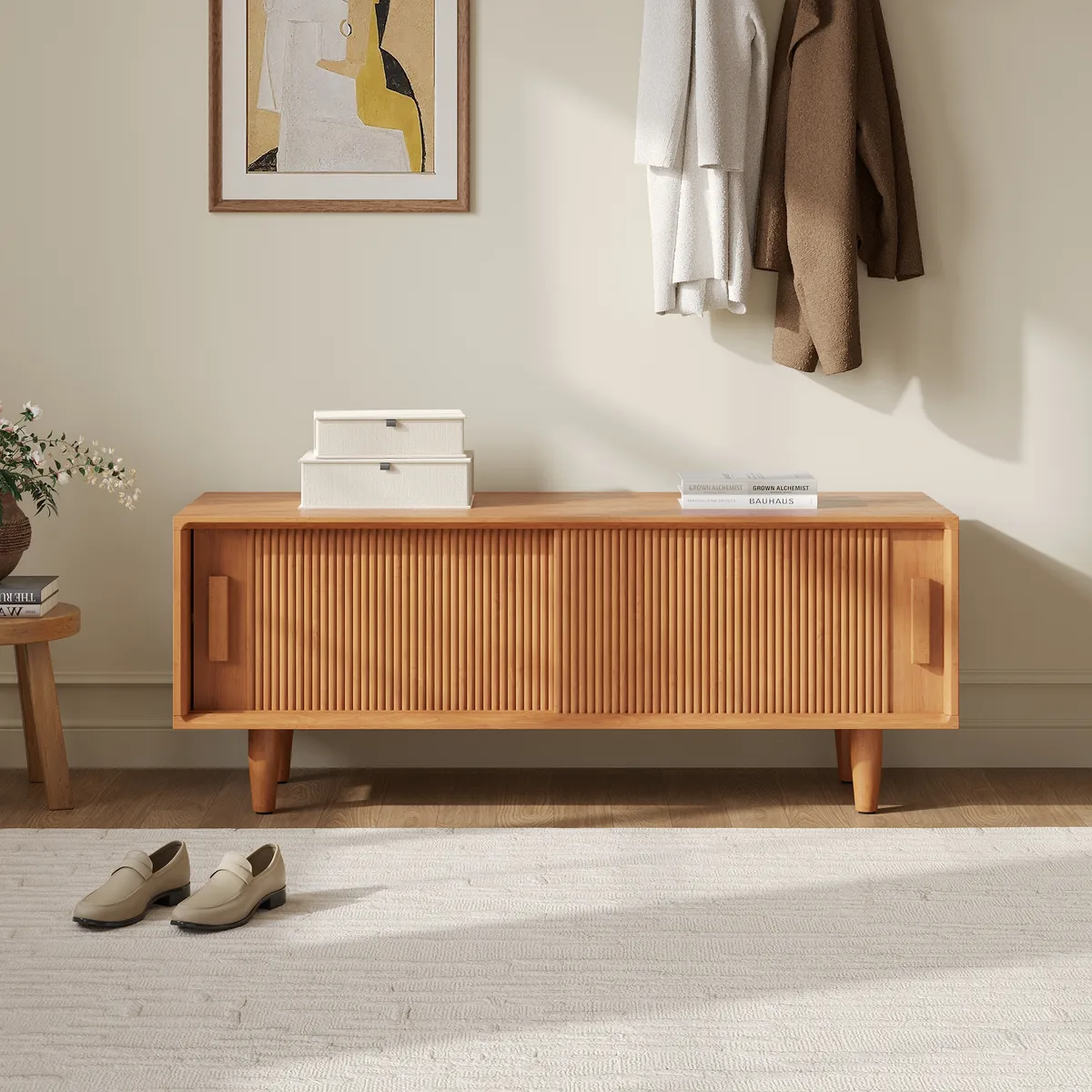 47.2" Solid Rubberwood Natural Entryway Bench with Storage — image 15