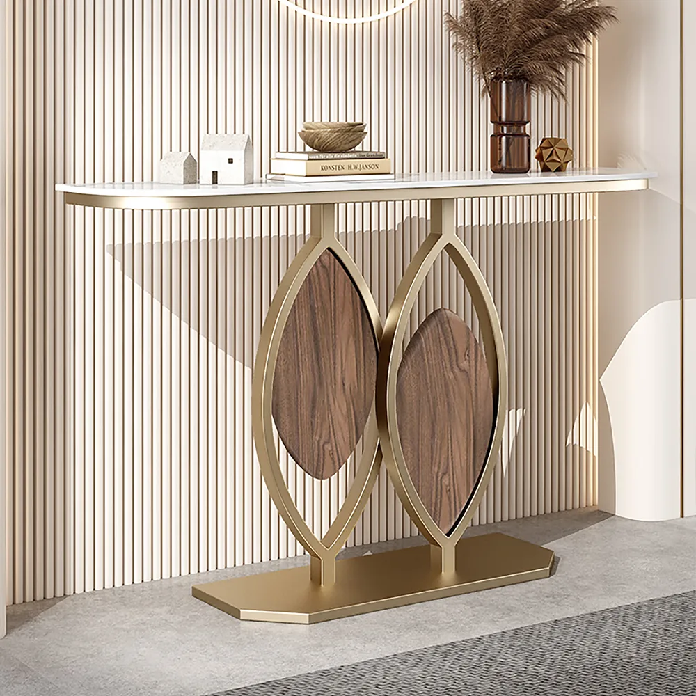 39.4" White Console Table Wooden Accent Table For Entryway with Sintered Stone Top & Abstract Base in Rose Gold & Walnut Finish — image 3