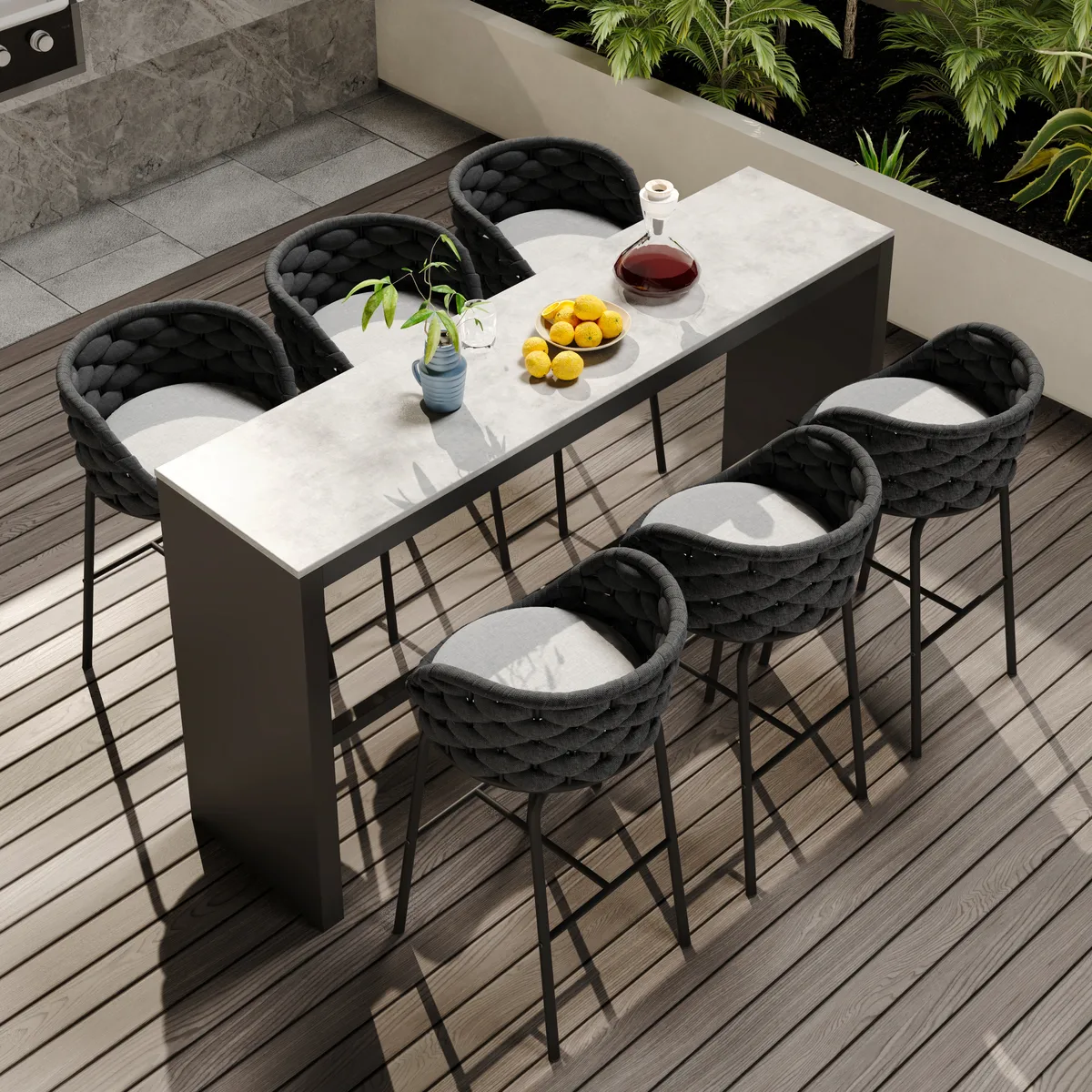 7-Piece Outdoor Sintered Stone & Aluminum Bar Dining Set with 6 Bar Stools