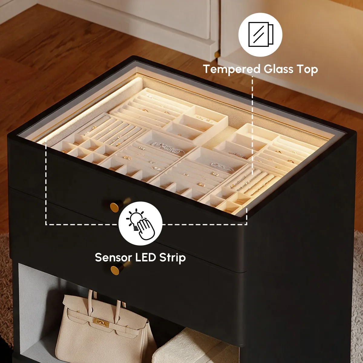 Walk-In Closet Island Jewelry Dresser with Glass Top & Light — image 10
