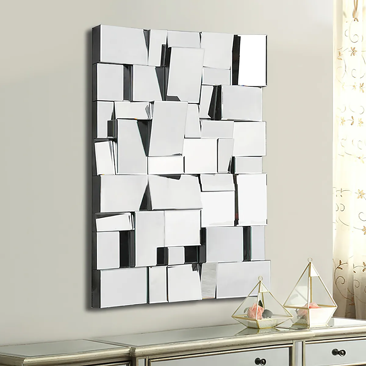 39" Brown Glass Wall Mirror Geometric Decorative Mirror Vertical & Horizontal Mounting — image 16