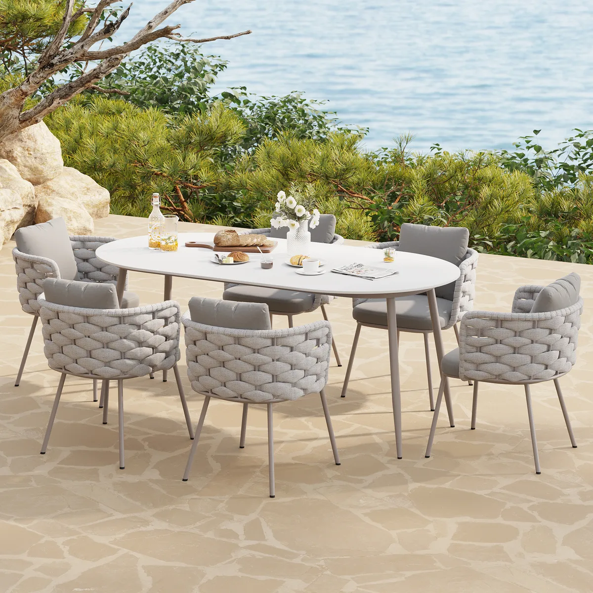 7 PCS 70.9'' Outdoor Sintered St Top Dining Table Set with 6 Rope Woven Armchairs Modern Yard & Patio Dining Furniture Set for 6 Person with Armchairs — image 2