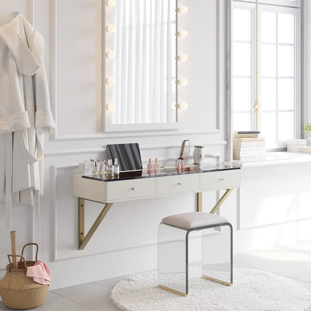 Modern Floating Makeup Vanity with Tempered Glass Top & Drawers Wall Mounted Beauty Station — image 2