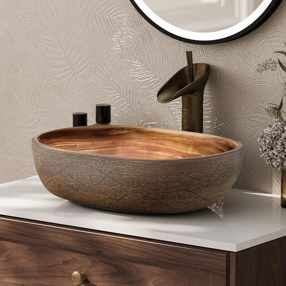 15.7" Ceramic Round Bathroom Vessel Sink Retro Washbasin — image 18