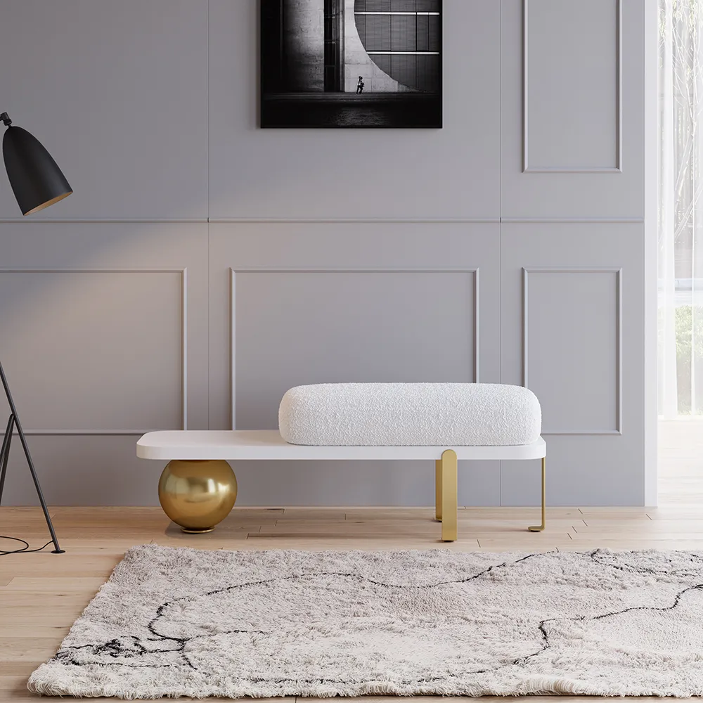 Ball design Entryway Bench Wooden Furniture with Abstract Metal Legsin White & Gold (47.2" Wide) — image 4