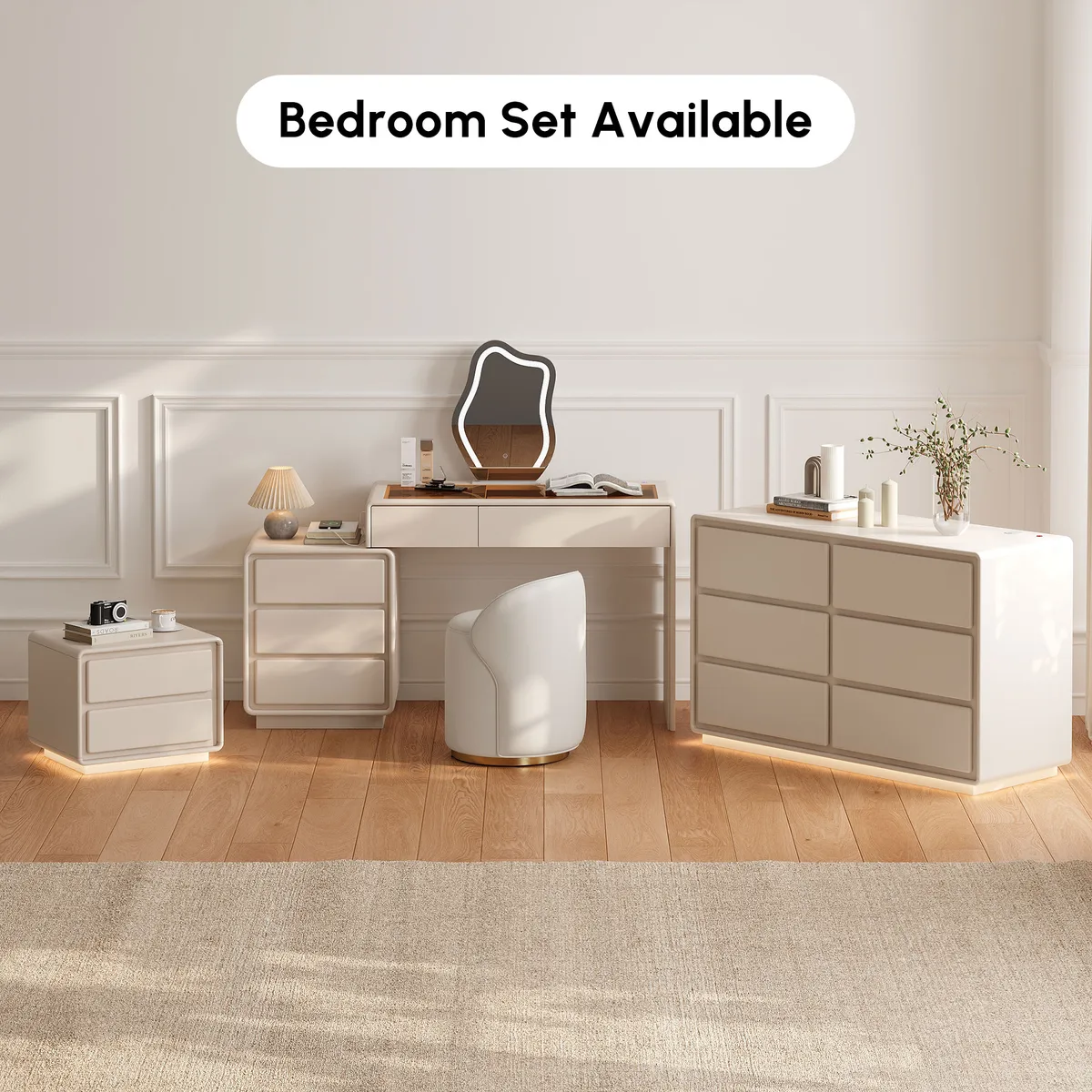 Haloa Modern Matte Warm White Makeup Vanity Set with LED Mirror, Glass Top & Jewelry Storage (40"-57") — image 4