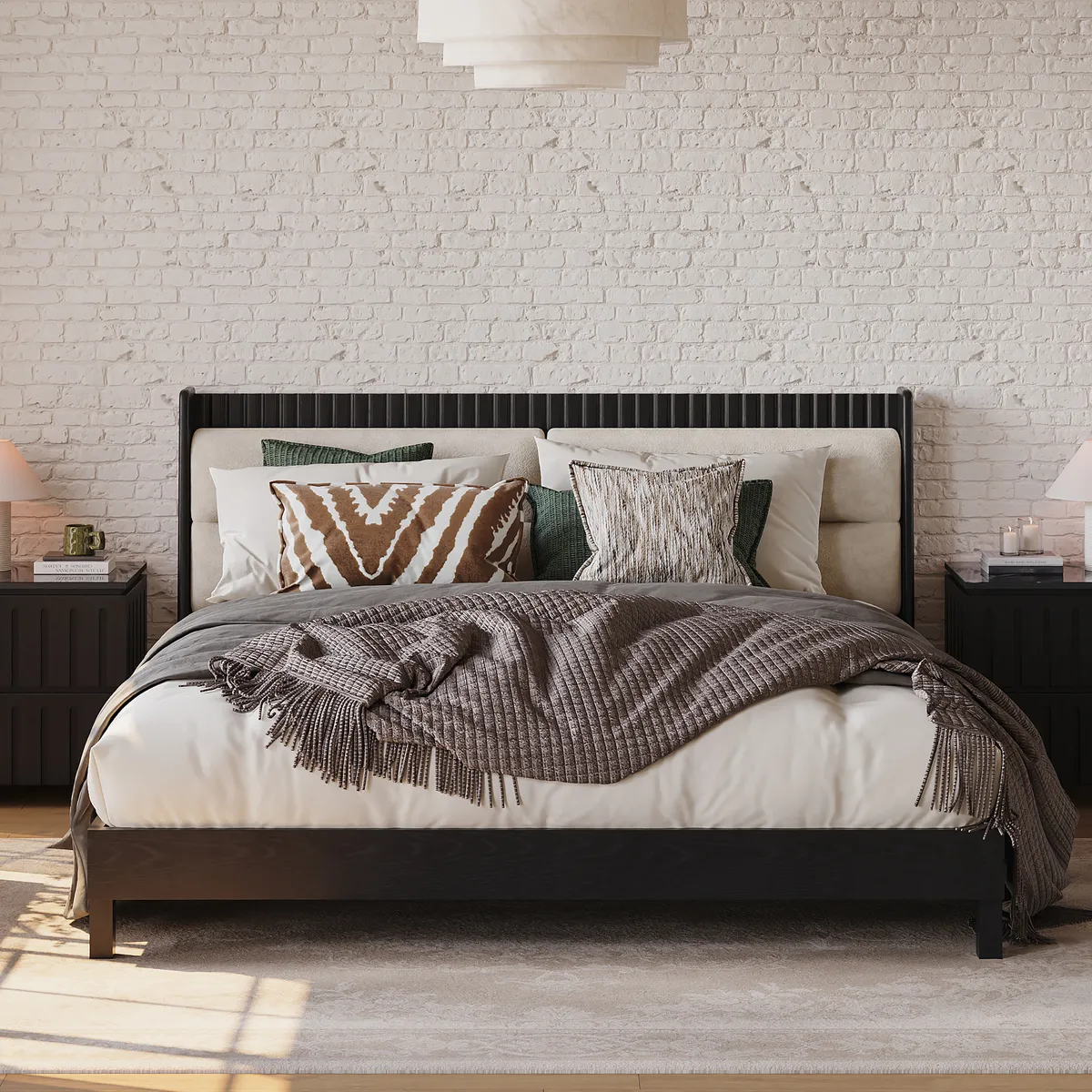 Modern Black Queen Size Solid Wood Bed with Boucle Headboard Pillows — image 2