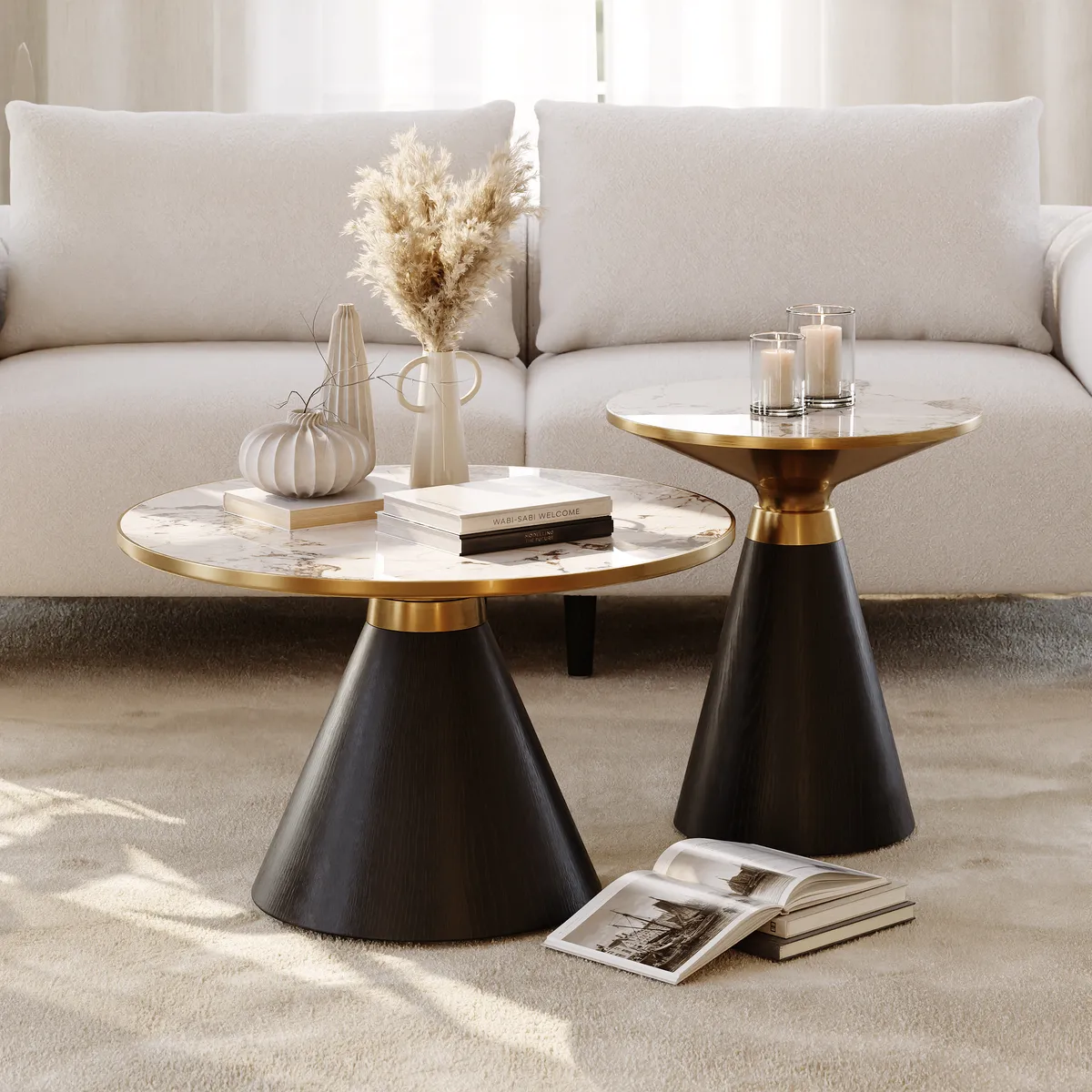 Sintered Stone Round Coffee Table Modern Black Living Room Furniture — image 2