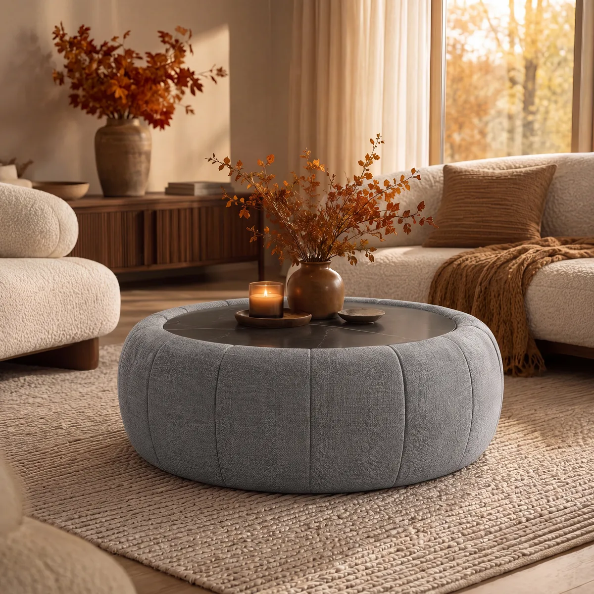 Modern 39" Round Performance Leather Ottoman Coffee Table with Hidden Storage