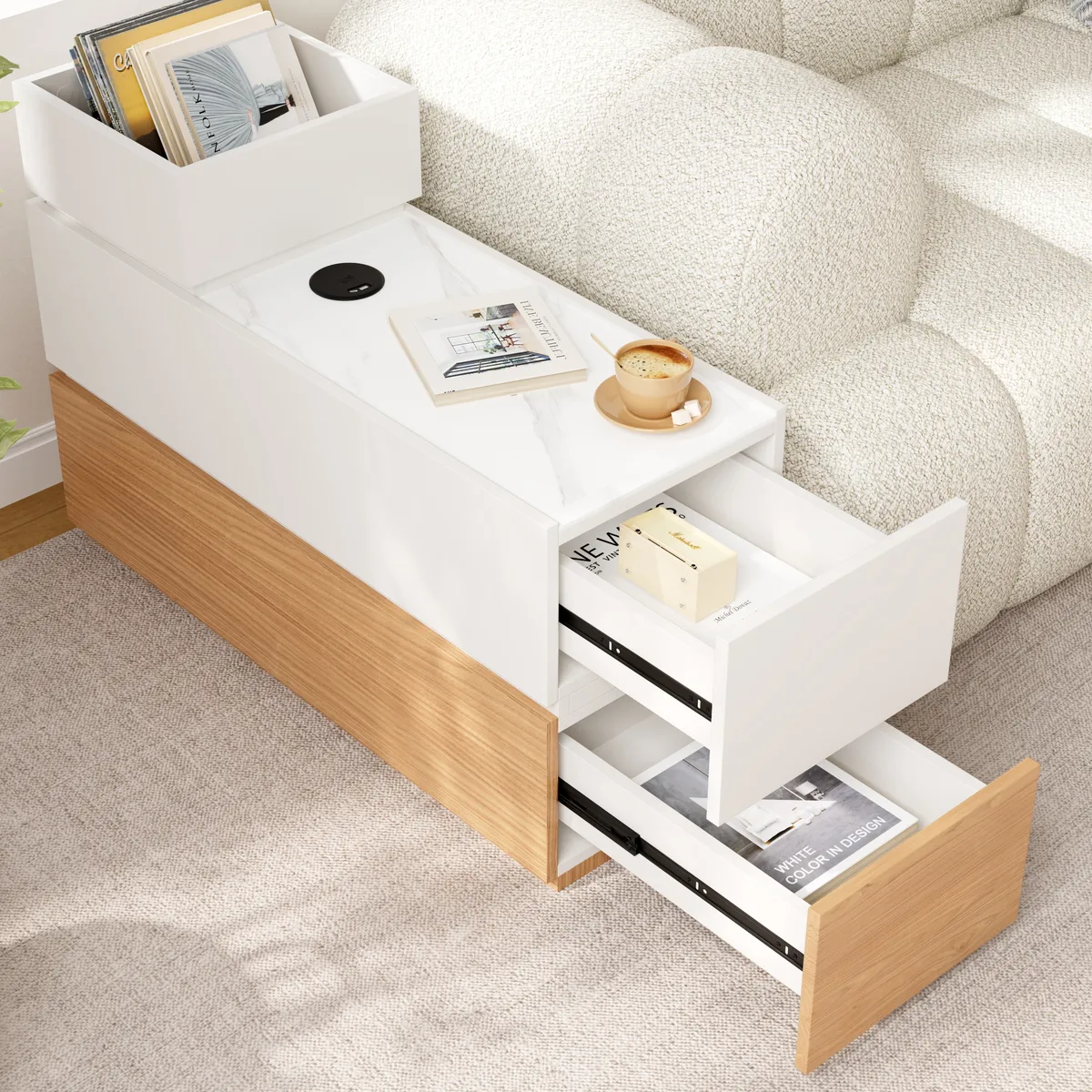 Travertine Stone Top Narrow Smart Side Table with Storage Modern Walnut End Table with USB Charging — image 24