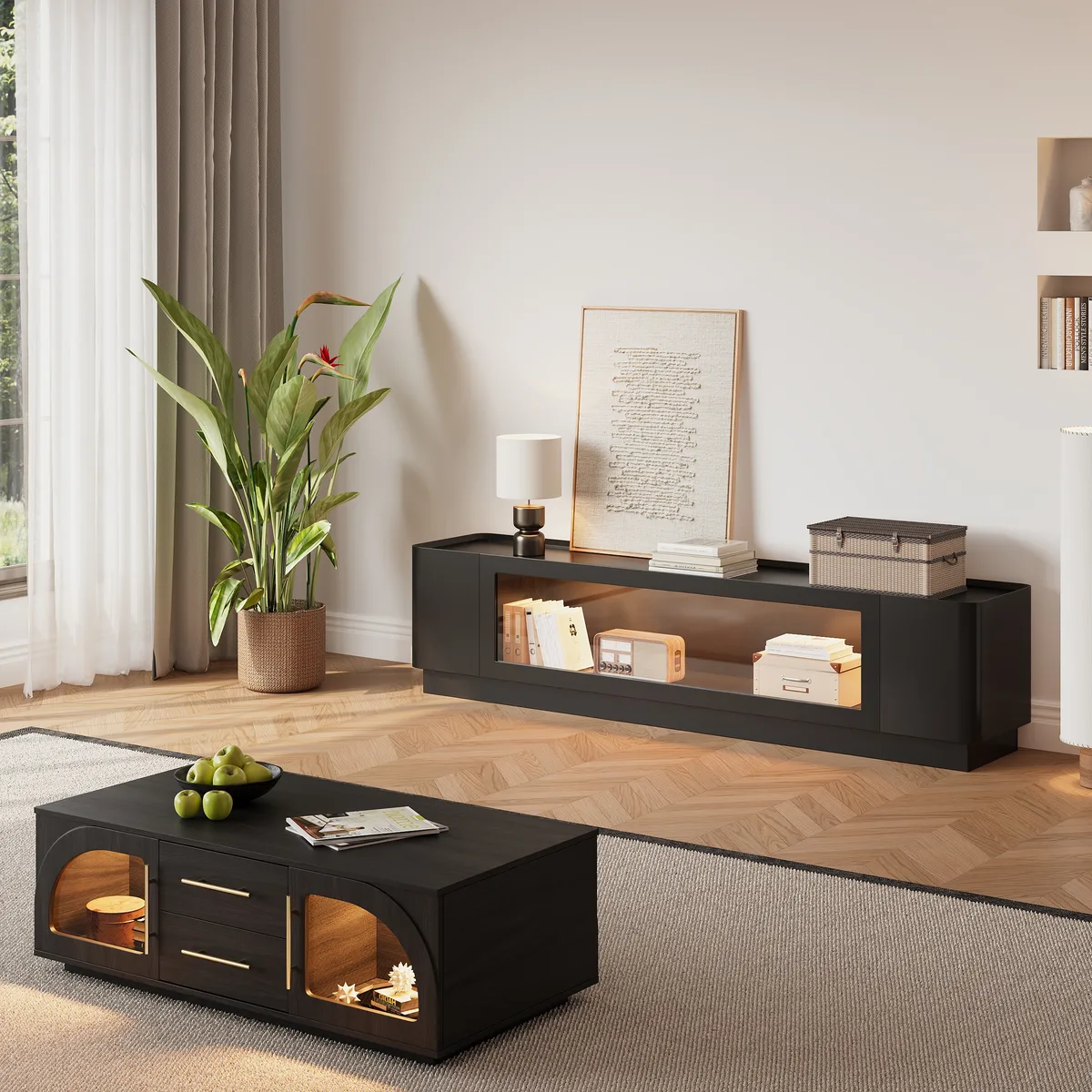 79'' Glass Door TV Stand Mid Century Modern Wood Media Console with Storage & LED — image 8