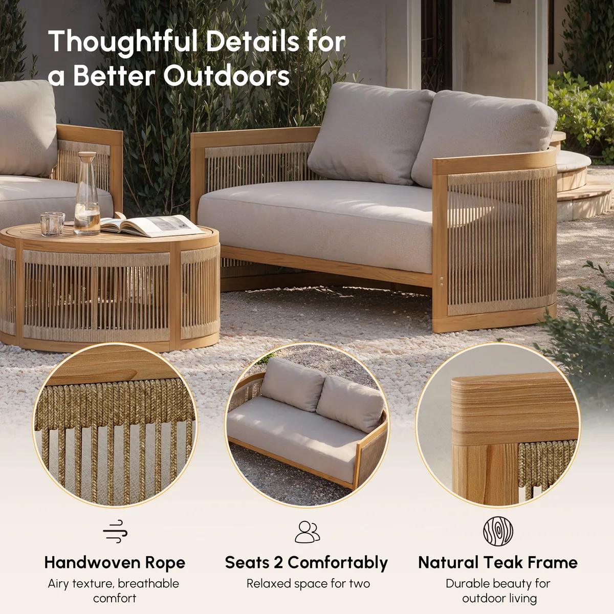 4-Piece Outdoor Teak & Rope Weave Sofa Set with Coffee Table — image 17